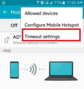 モバイルホットスポットの下のタイムアウト設定をクリックします