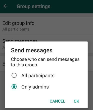 WhatsAppグループ管理者はメッセージの送信を制限しますandroid